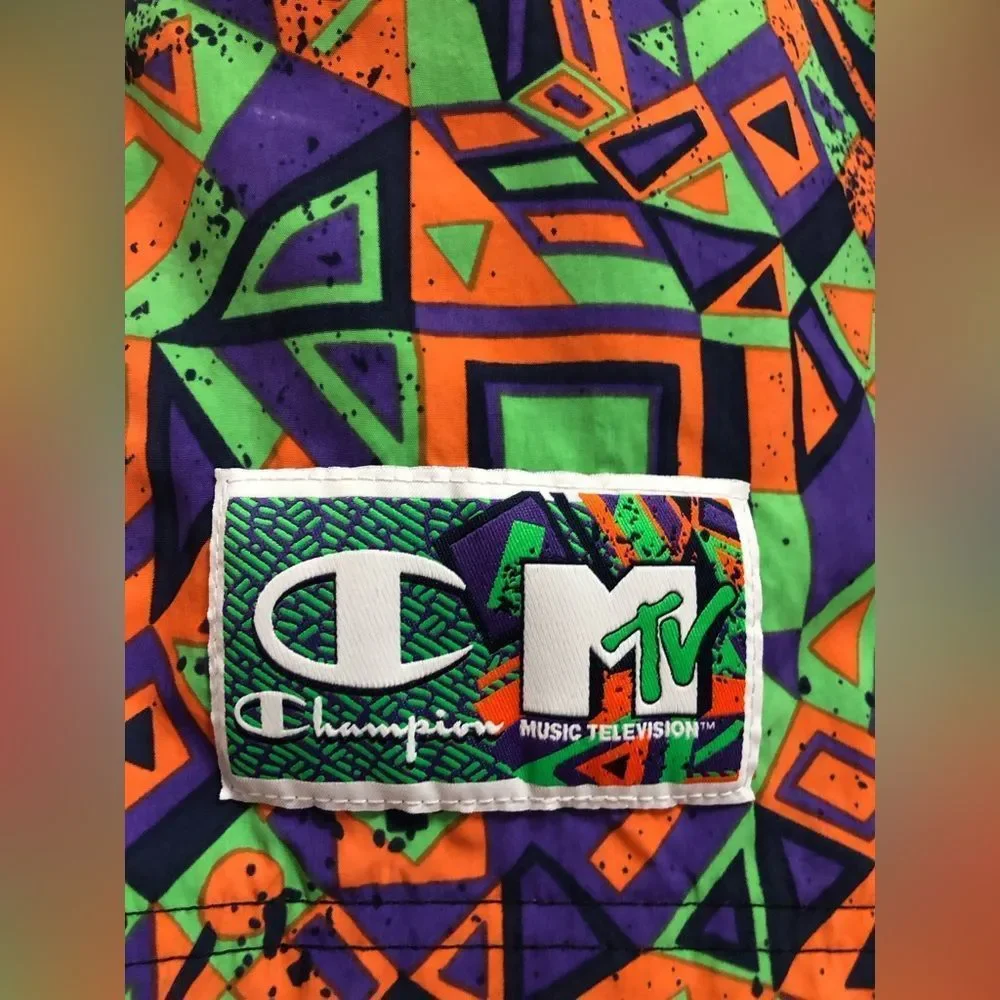 Special Edition MTV Champion All Over Geometric 90s Swim Trunks Shorts Medium.
